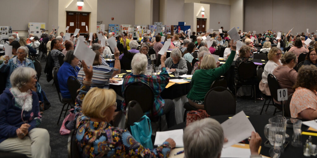 Voting delegates hold up their voting cards during the May 8 business meeting.